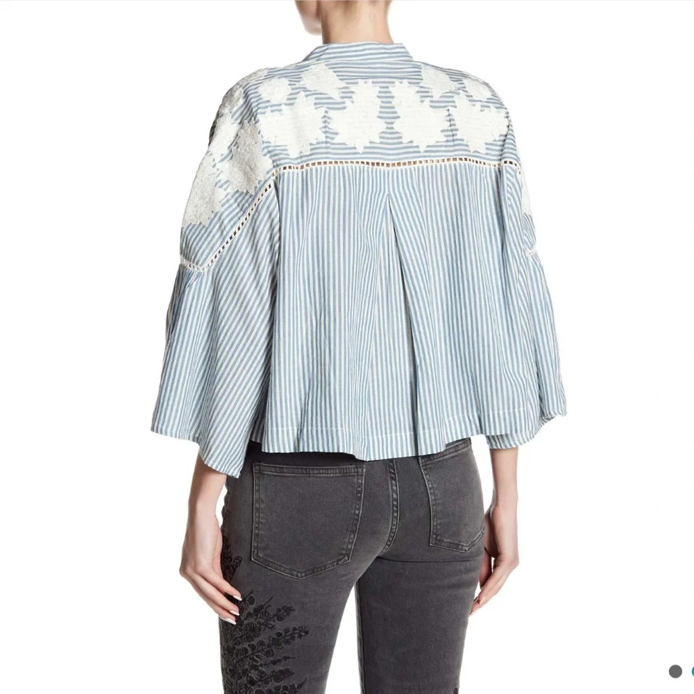 Free People Blue and White Striped Embroidered Peasant Blouse